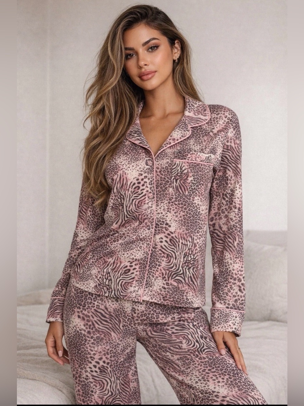 SKIMS Sleep Long Sleeve Button Up Set in the Bloom Mini Multi Animal